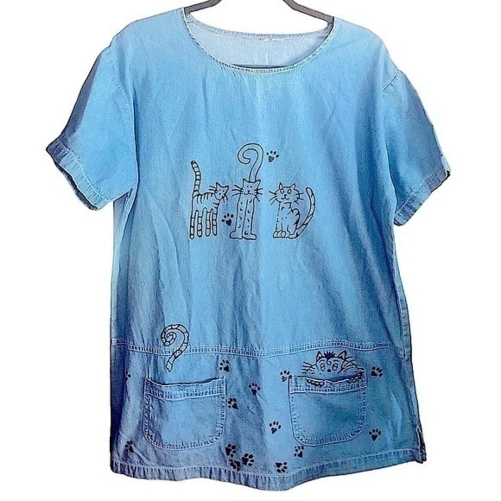 Vintage Cat Printed Chambray Pocket Tunic Top